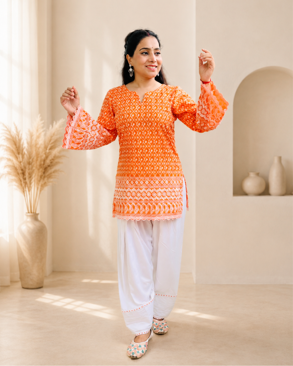 MEENA Orange  Short Kurti With White Farshi Salwar Set