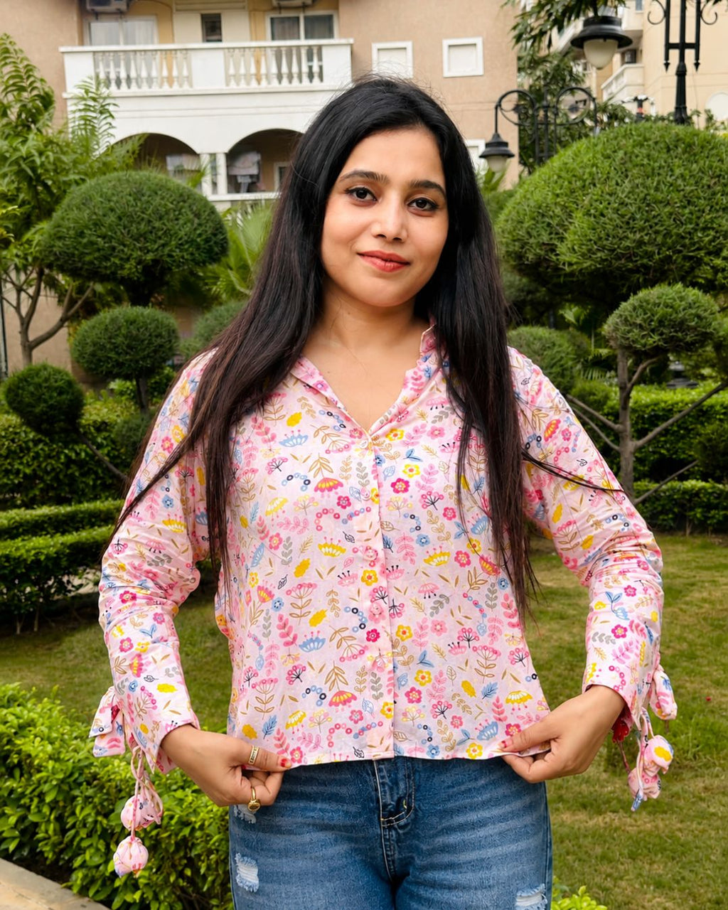 SUDIKSHA Pink Floral Printed  Tie-Up Sleeve Casual Shirt