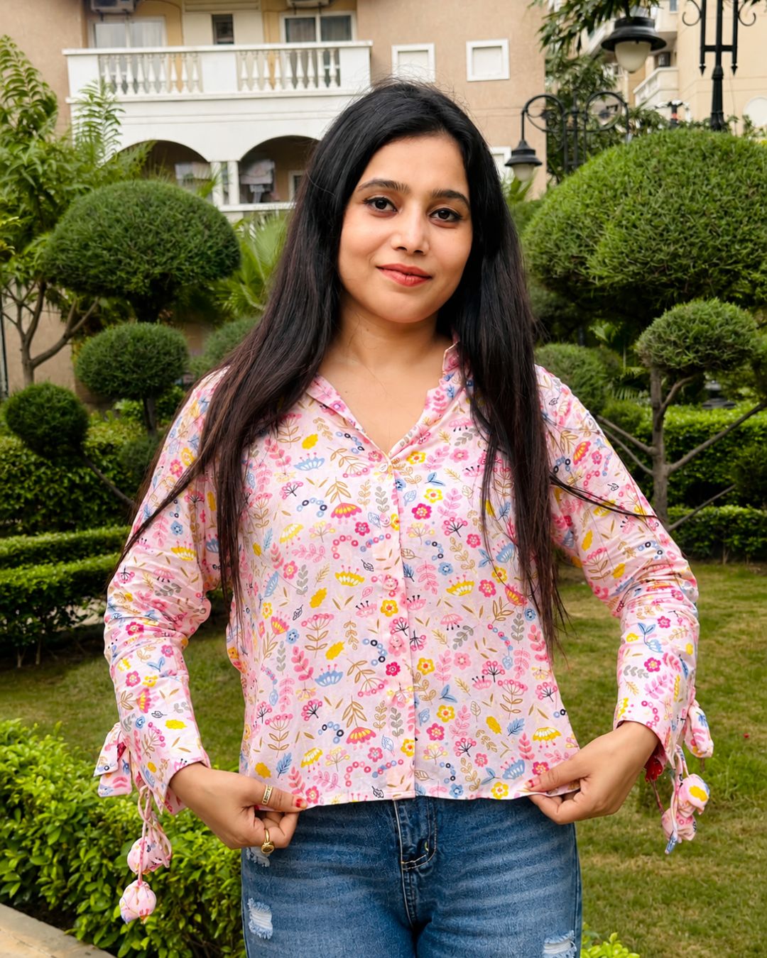 SUDIKSHA Pink Floral Printed  Tie-Up Sleeve Casual Shirt
