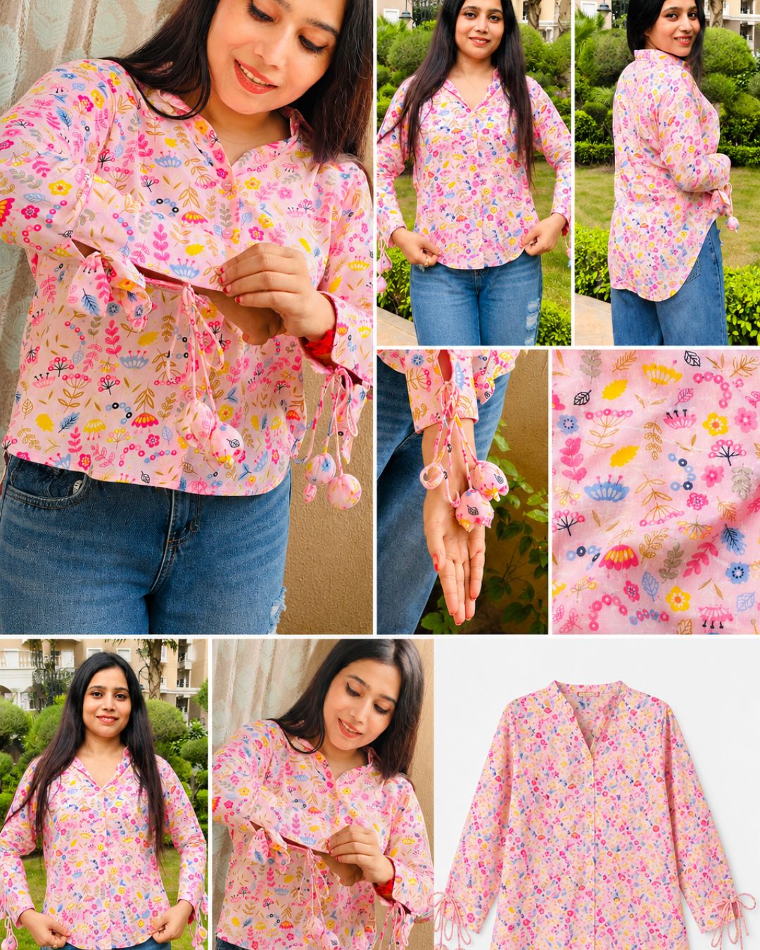 SUDIKSHA Pink Floral Printed  Tie-Up Sleeve Casual Shirt