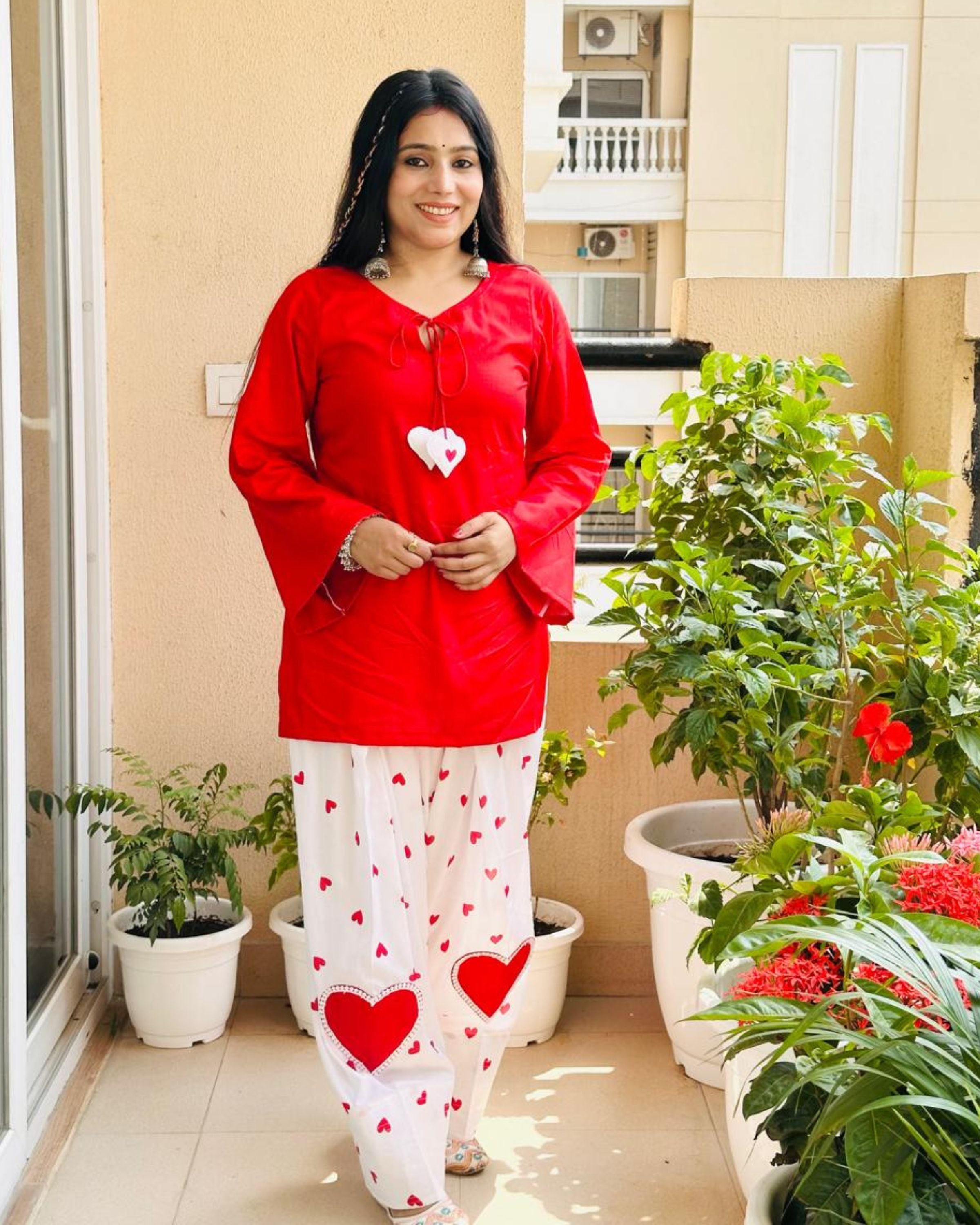 MANJU RED KEYHOLE NECKLINE SHORT KURTI WITH BEAUTIFUL HANDCRAFTED HEART FARSHI SALWAR