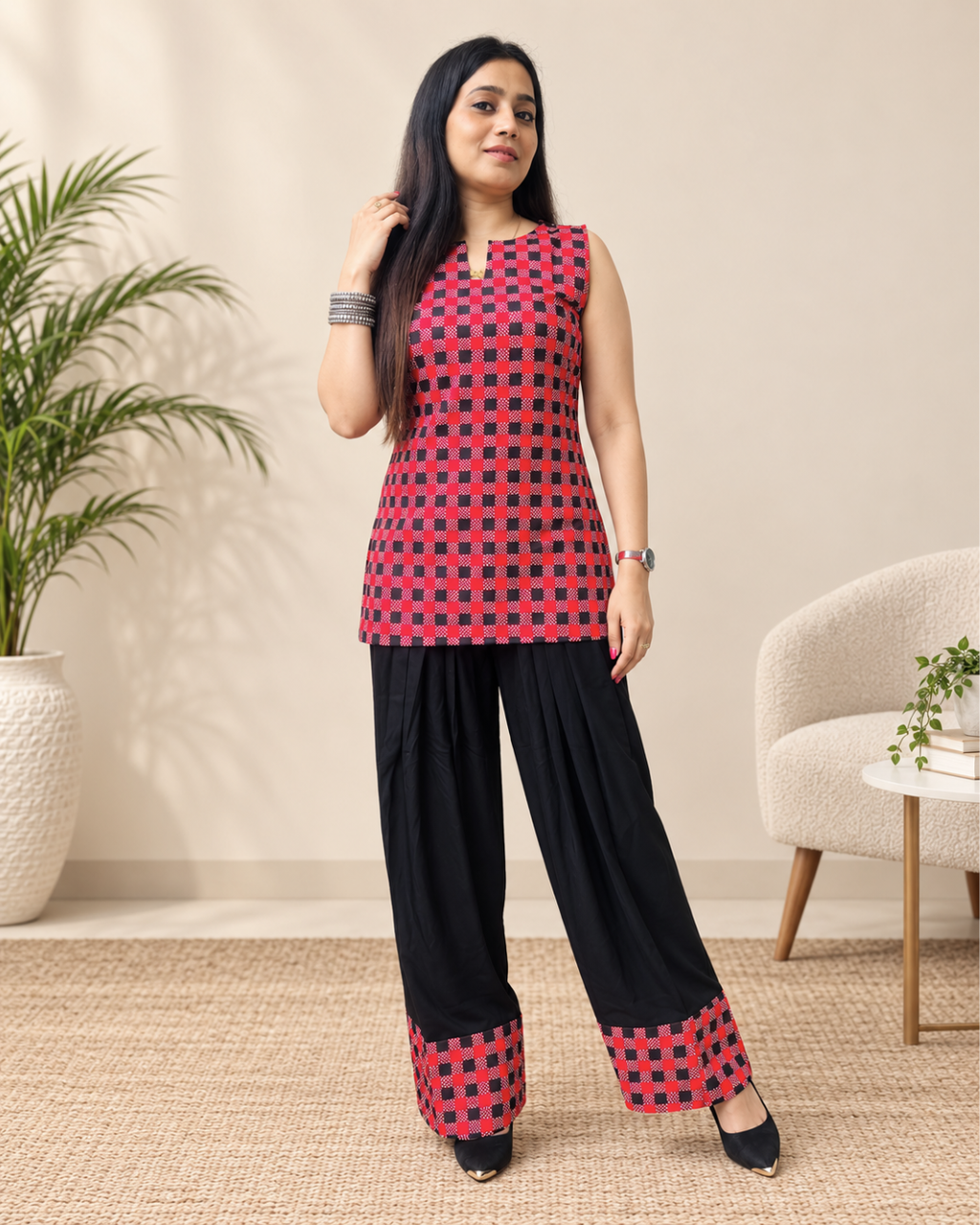 NOOR  Red Black Checkered Corset Back Farshi Salwar Set