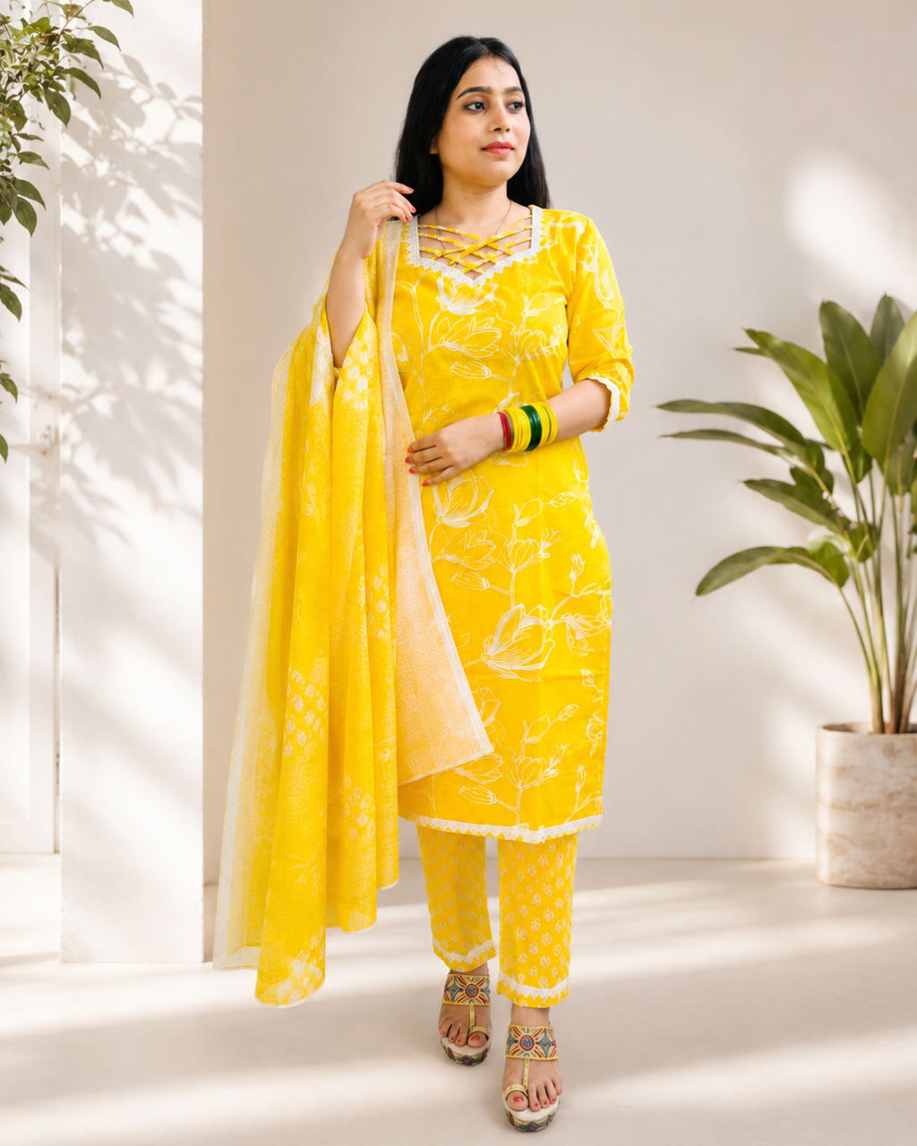 MOTU   Sunshine Bloom Criss-Cross Neck Kurta Pant Dupatta Set