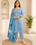 KASHI  Sky Blue Floral Vine Printed Kurta Pant Dupatta Set
