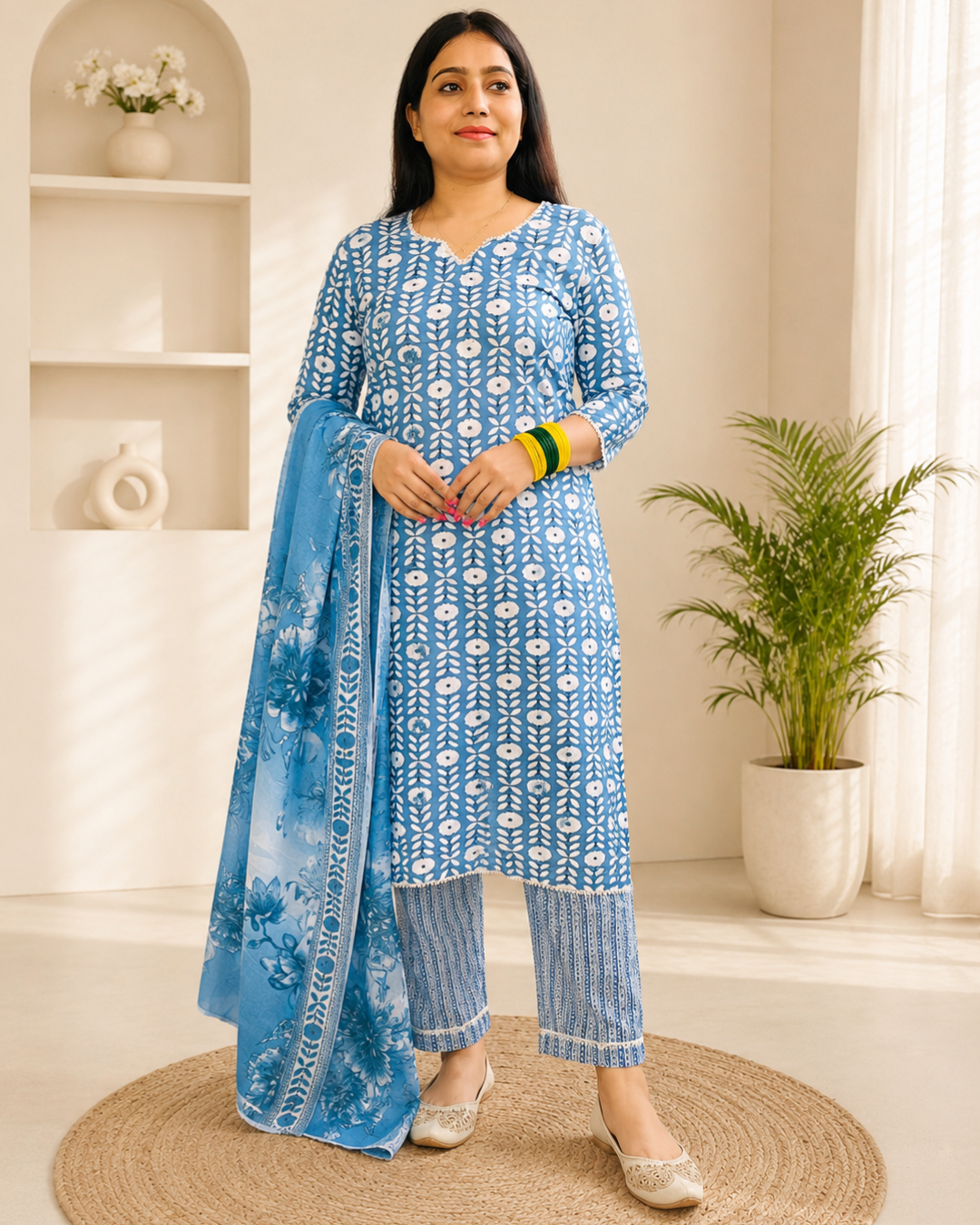 KASHI  Sky Blue Floral Vine Printed Kurta Pant Dupatta Set