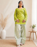SUMAN Women’s Green Printed Short Kurti Farshi  with Pom-Pom Lace & Back Corset Design