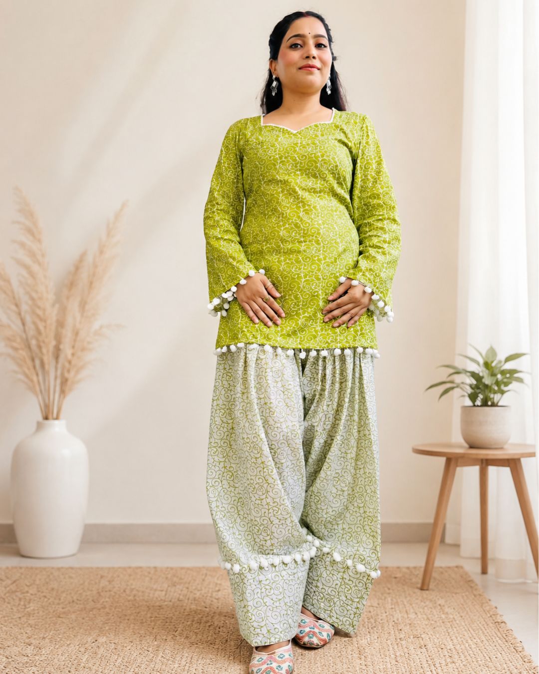 SUMAN Women’s Green Printed Short Kurti Farshi  with Pom-Pom Lace & Back Corset Design