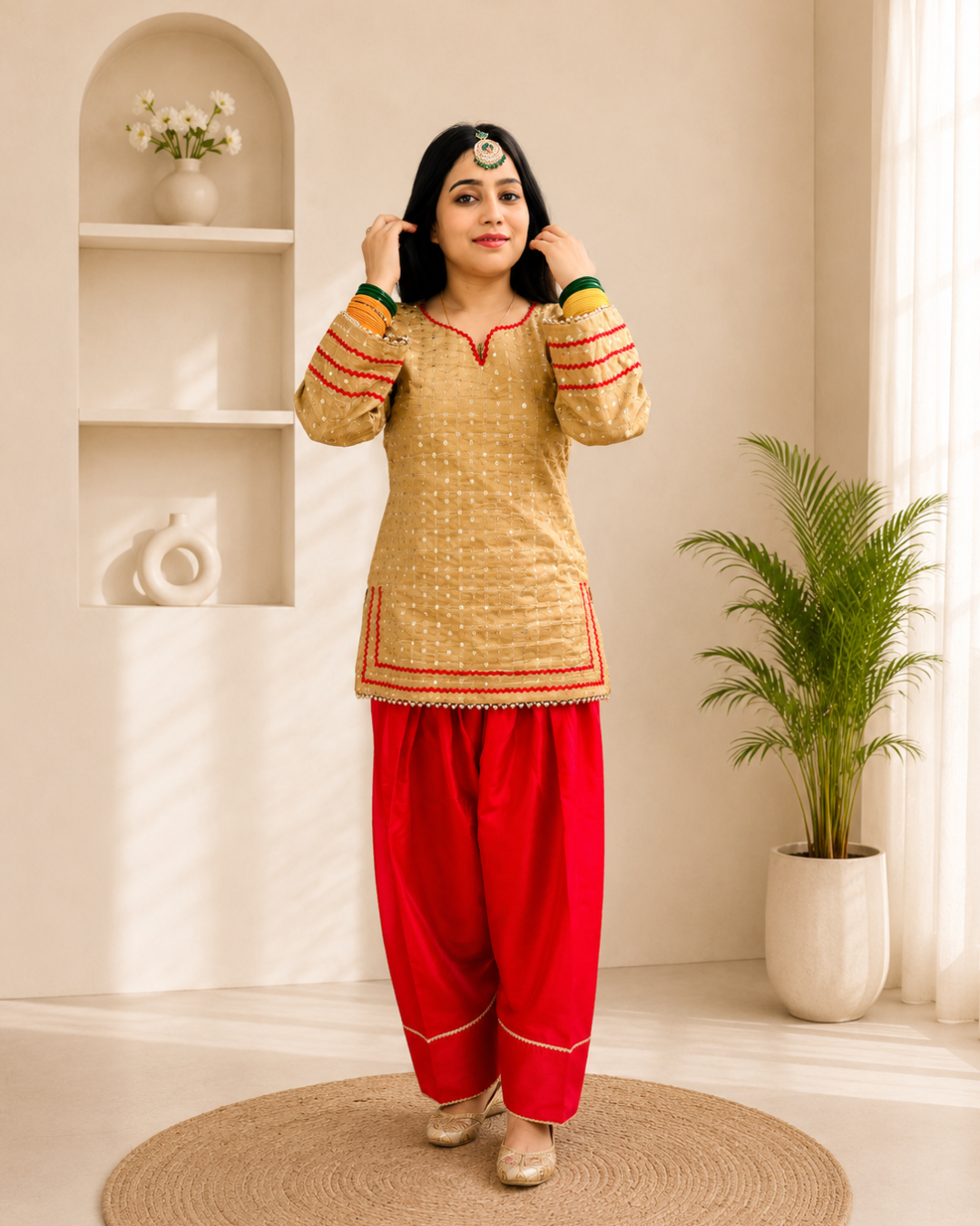SUNDARI Golden Glow Red Farshi salwar Suit Set
