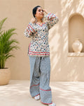 SUDI Blue Floral Printed Cotton Kurti with Printed farshi Co-ord Suit Set