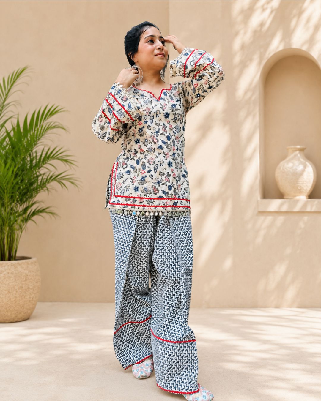 SUDI Blue Floral Printed Cotton Kurti with Printed farshi Co-ord Suit Set