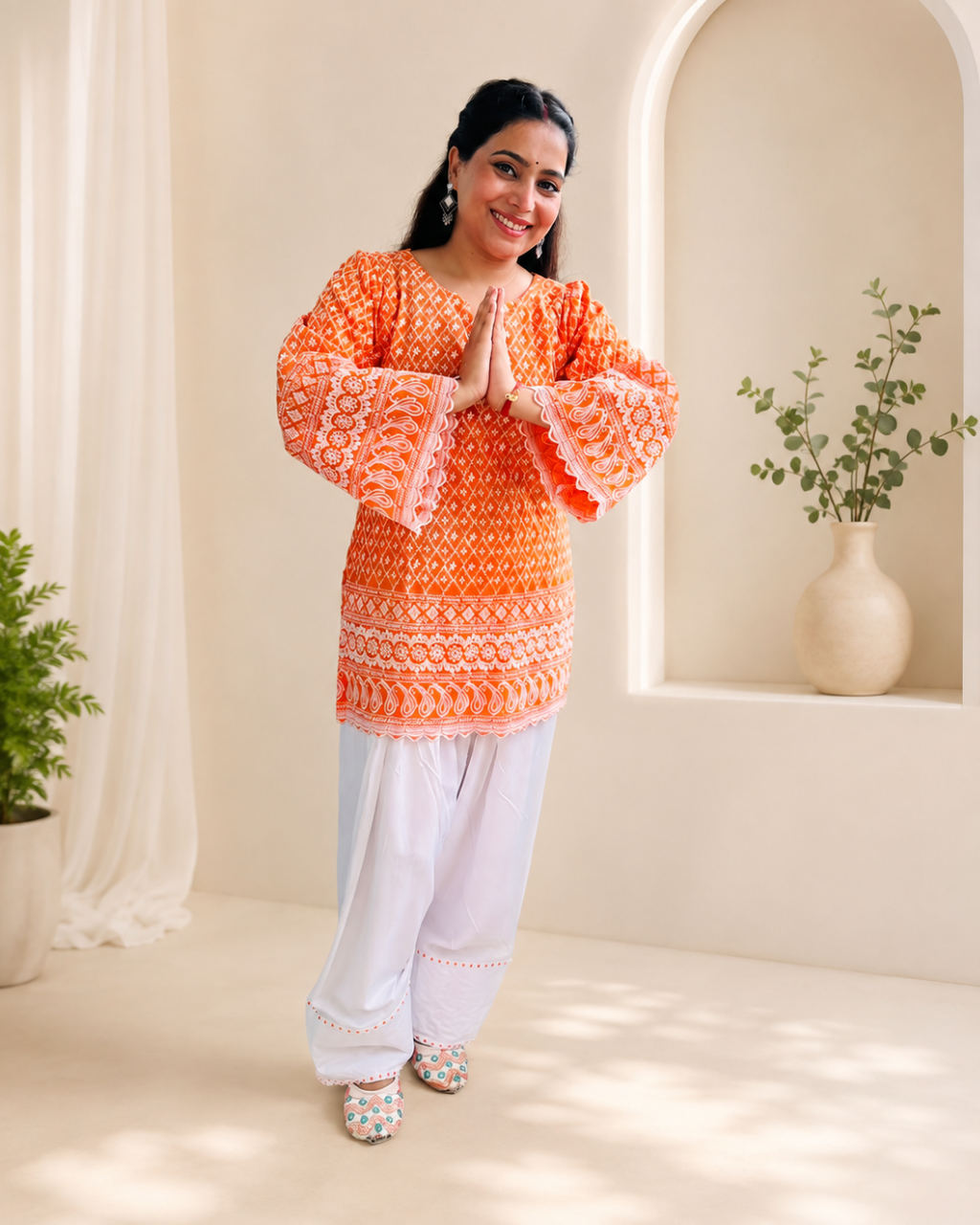 MEENA Orange  Short Kurti With White Farshi Salwar Set