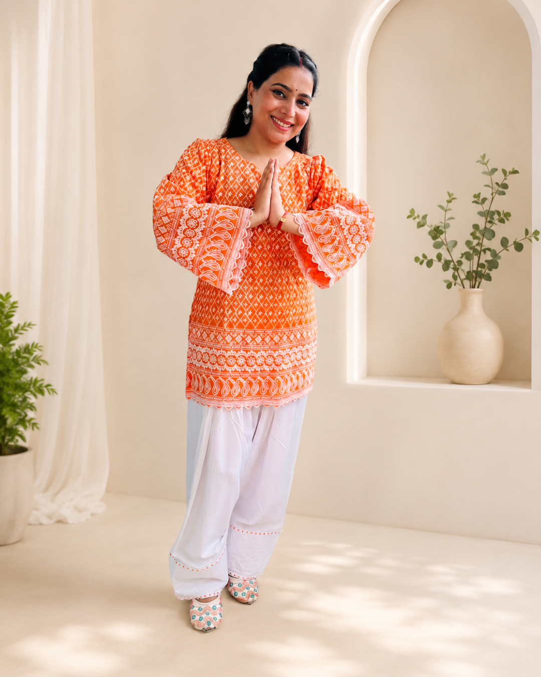 MEENA Orange  Short Kurti With White Farshi Salwar Set
