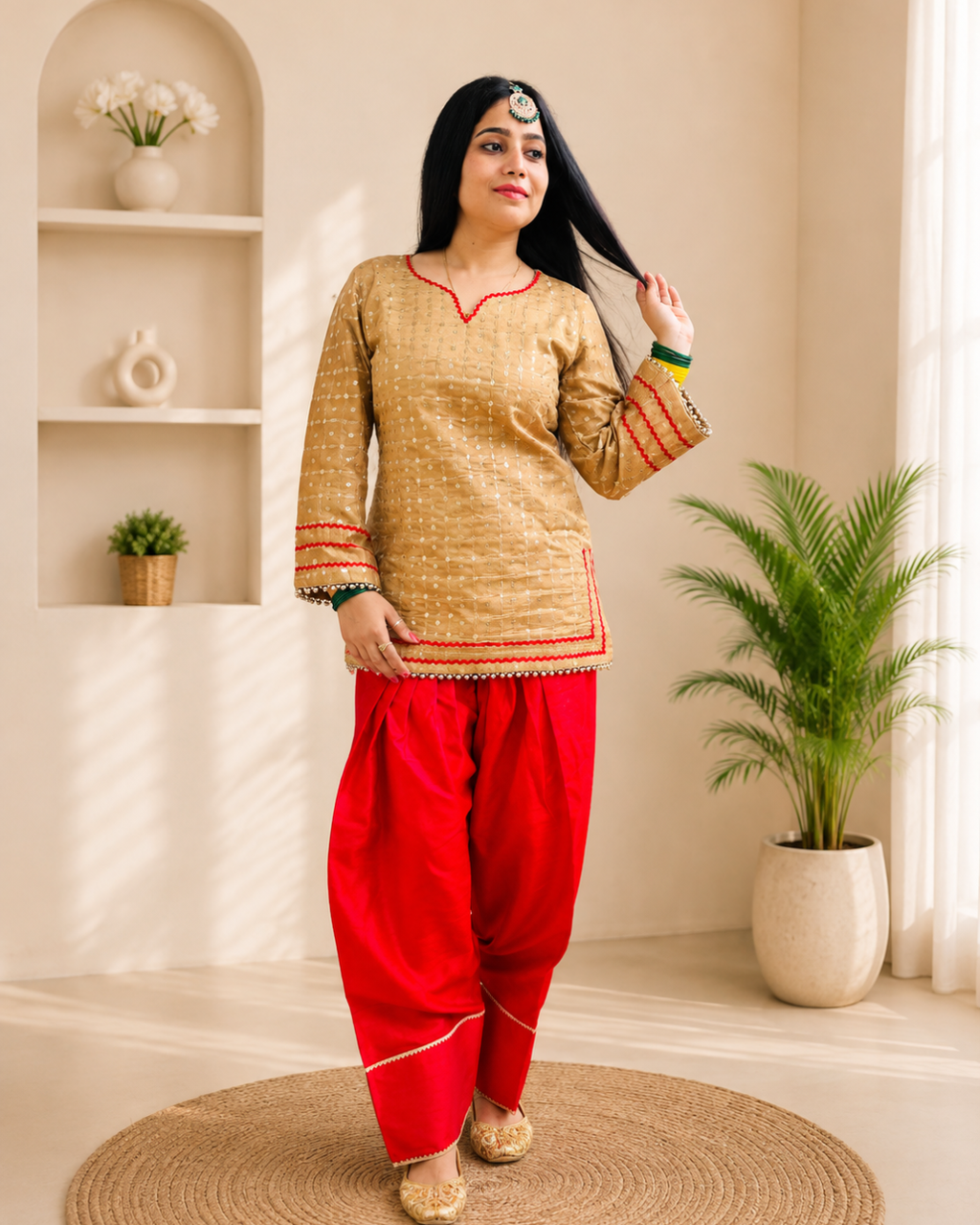 SUNDARI Golden Glow Red Farshi salwar Suit Set