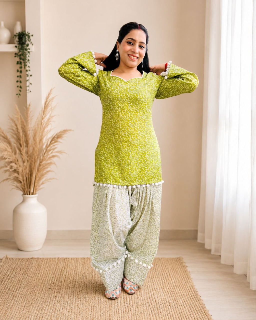 SUMAN Women’s Green Printed Short Kurti Farshi  with Pom-Pom Lace & Back Corset Design