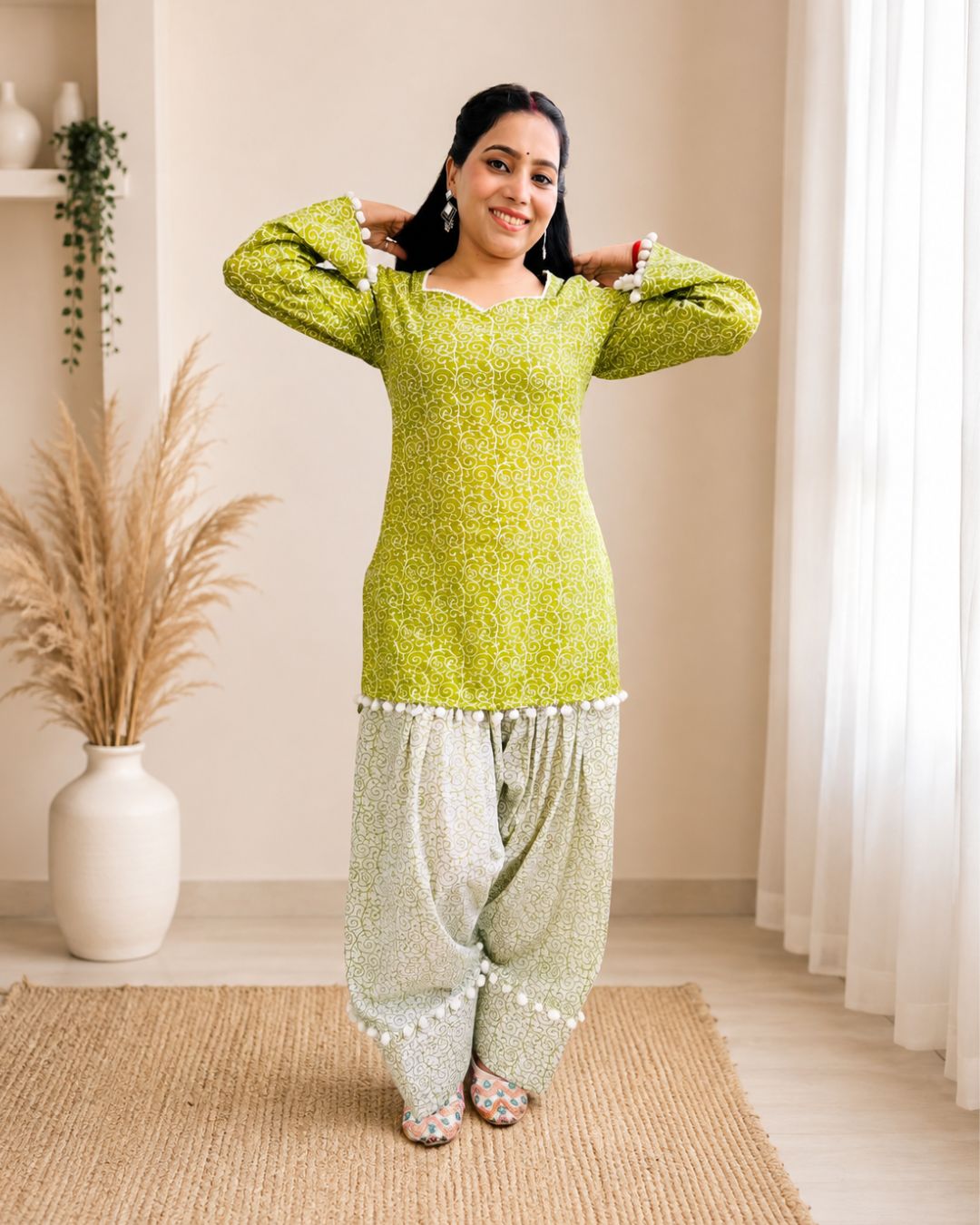 SUMAN Women’s Green Printed Short Kurti Farshi  with Pom-Pom Lace & Back Corset Design