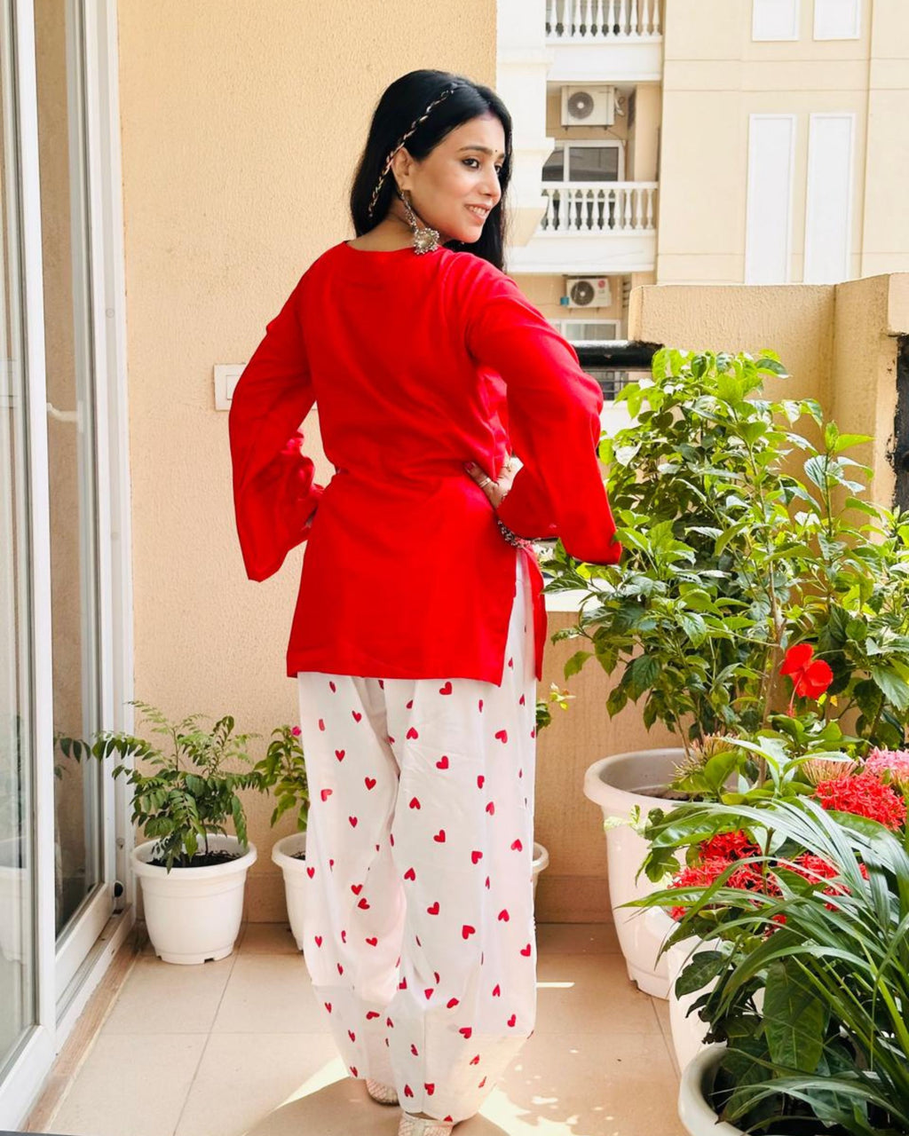 MANJU RED KEYHOLE NECKLINE SHORT KURTI WITH BEAUTIFUL HANDCRAFTED HEART FARSHI SALWAR