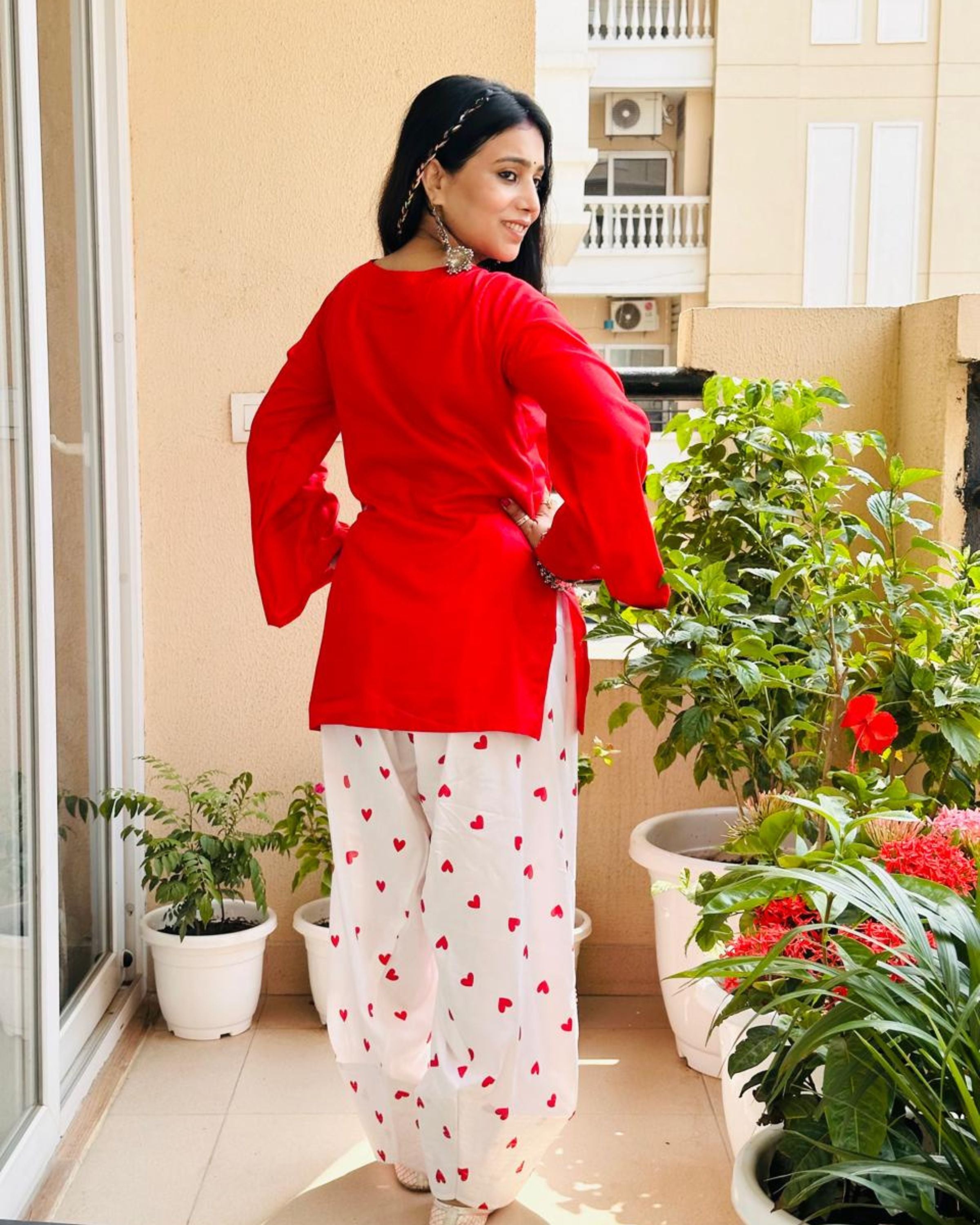 MANJU RED KEYHOLE NECKLINE SHORT KURTI WITH BEAUTIFUL HANDCRAFTED HEART FARSHI SALWAR