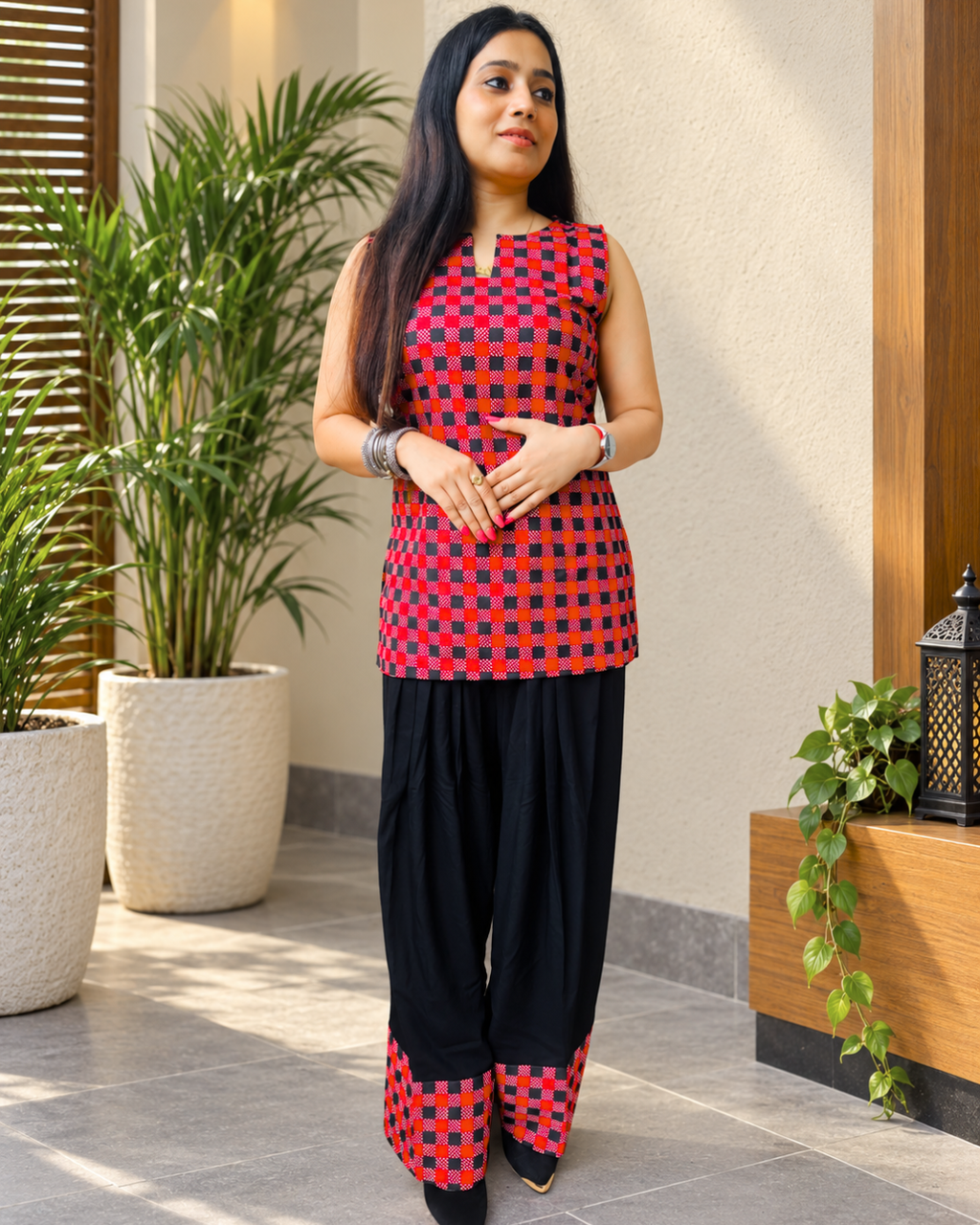 NOOR  Red Black Checkered Corset Back Farshi Salwar Set