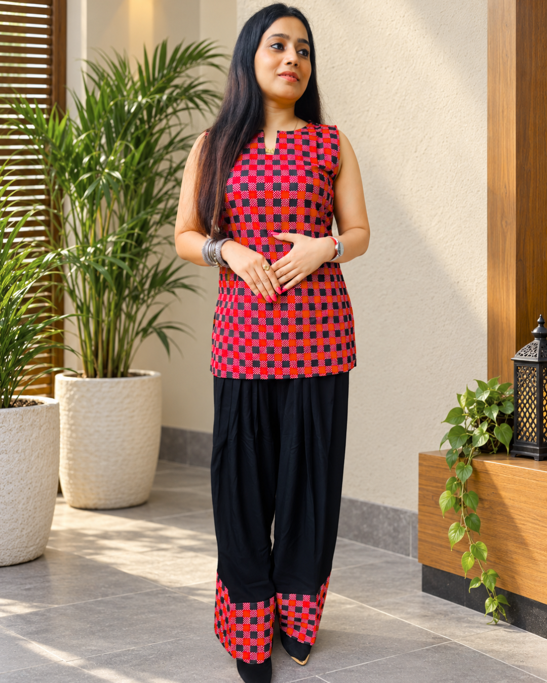 NOOR  Red Black Checkered Corset Back Farshi Salwar Set