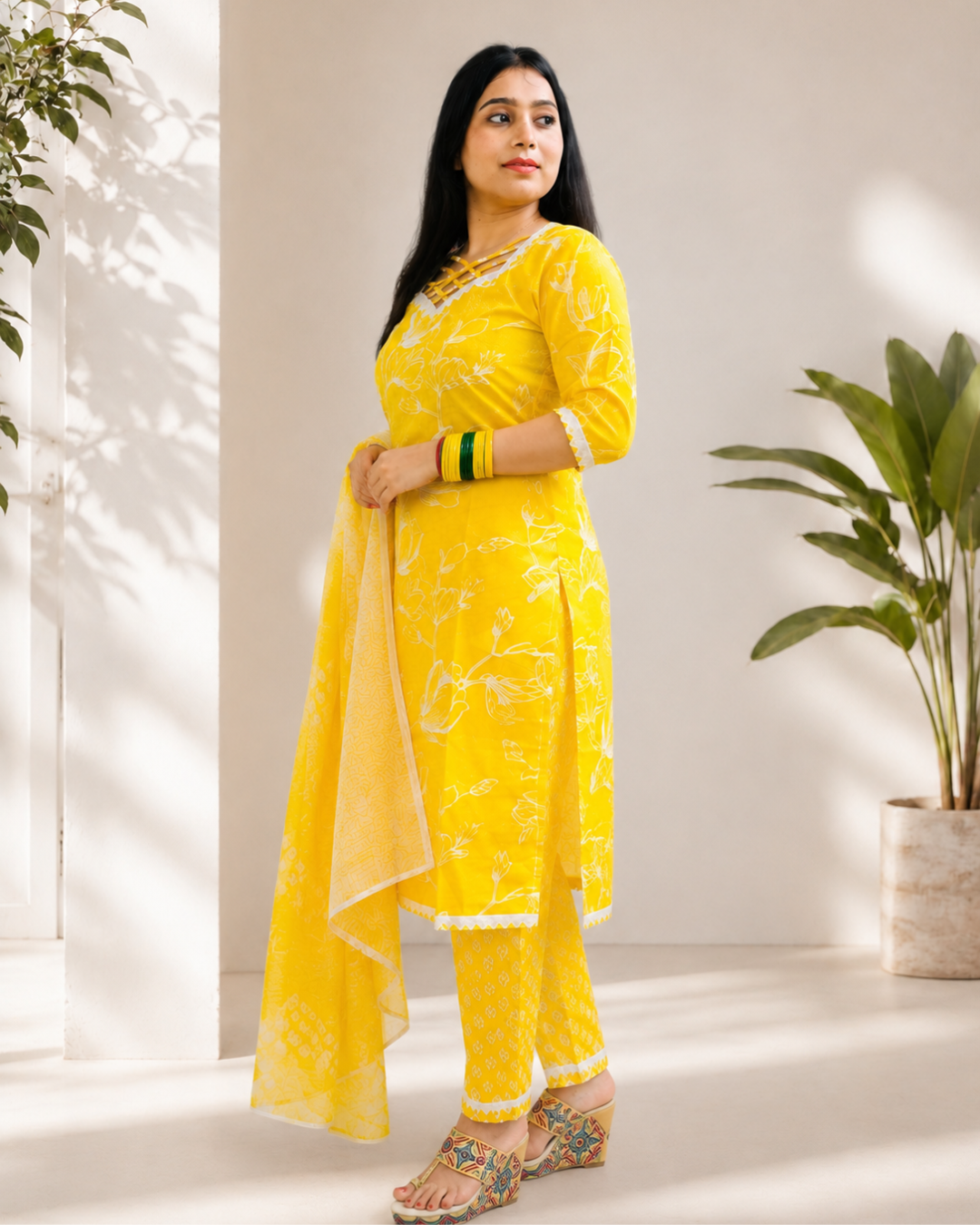 MOTU   Sunshine Bloom Criss-Cross Neck Kurta Pant Dupatta Set