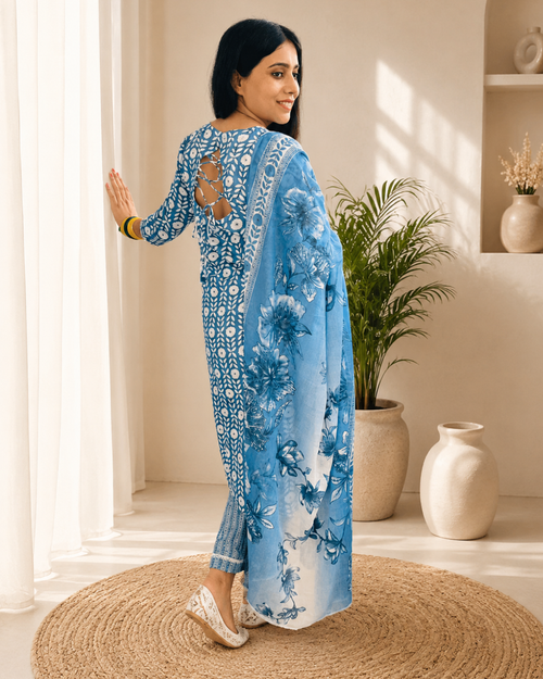 KASHI  Sky Blue Floral Vine Printed Kurta Pant Dupatta Set