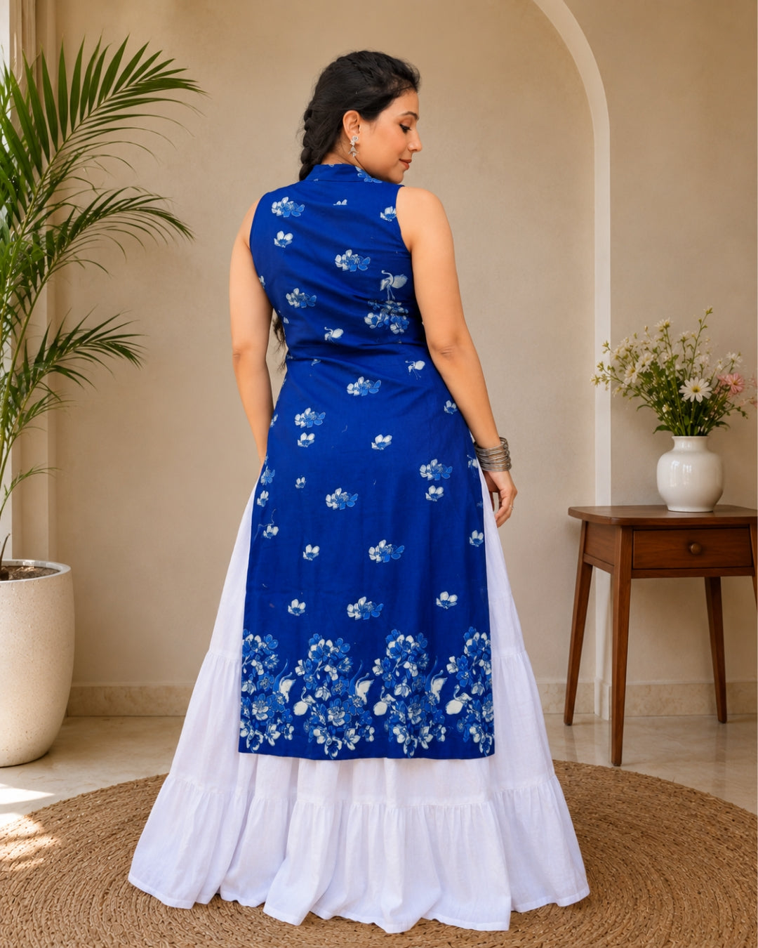 SUMITRA Women's Royal Blue Floral Printed Sleeveless Front Slit Kurti