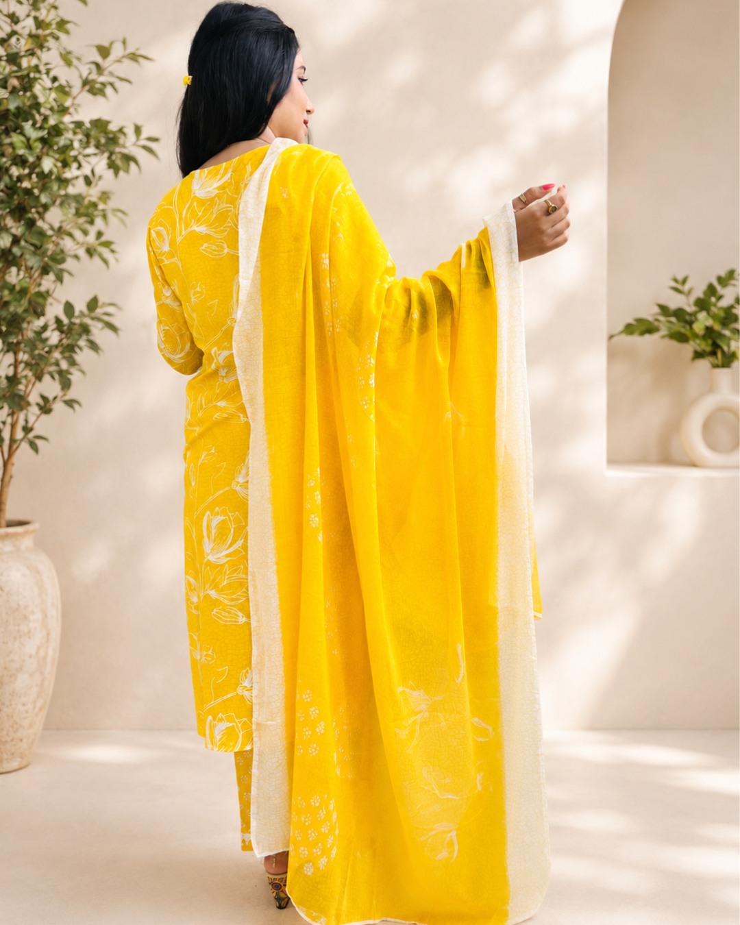 MOTU   Sunshine Bloom Criss-Cross Neck Kurta Pant Dupatta Set