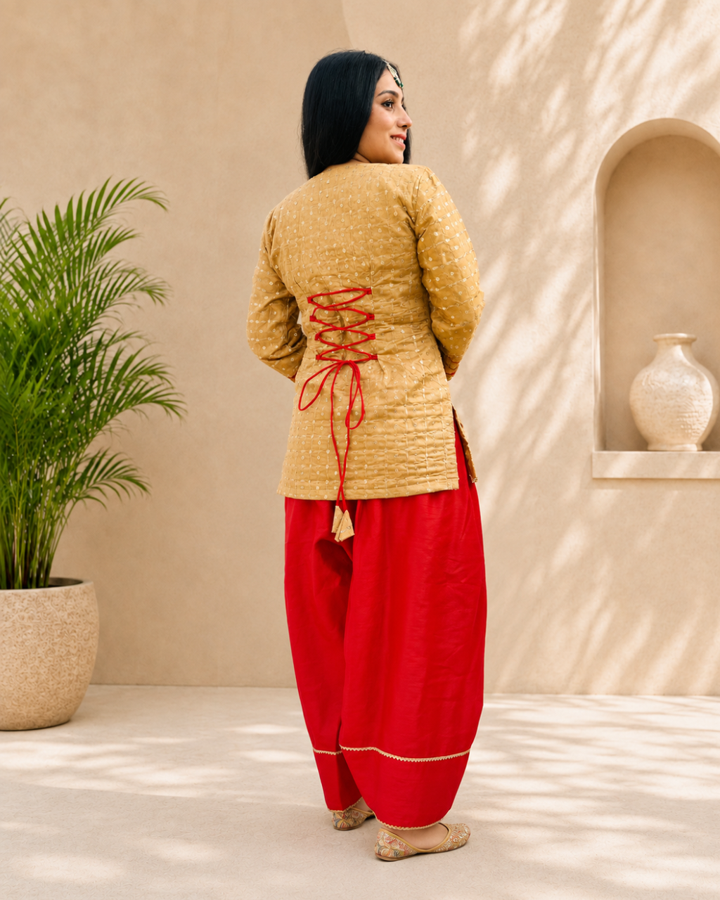 SUNDARI Golden Glow Red Farshi salwar Suit Set