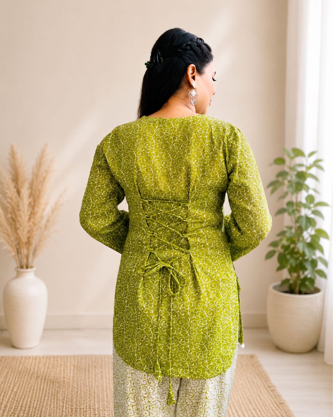 SUMAN Women’s Green Printed Short Kurti Farshi  with Pom-Pom Lace & Back Corset Design