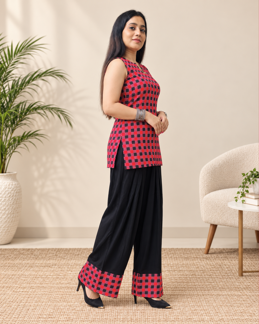 NOOR  Red Black Checkered Corset Back Farshi Salwar Set