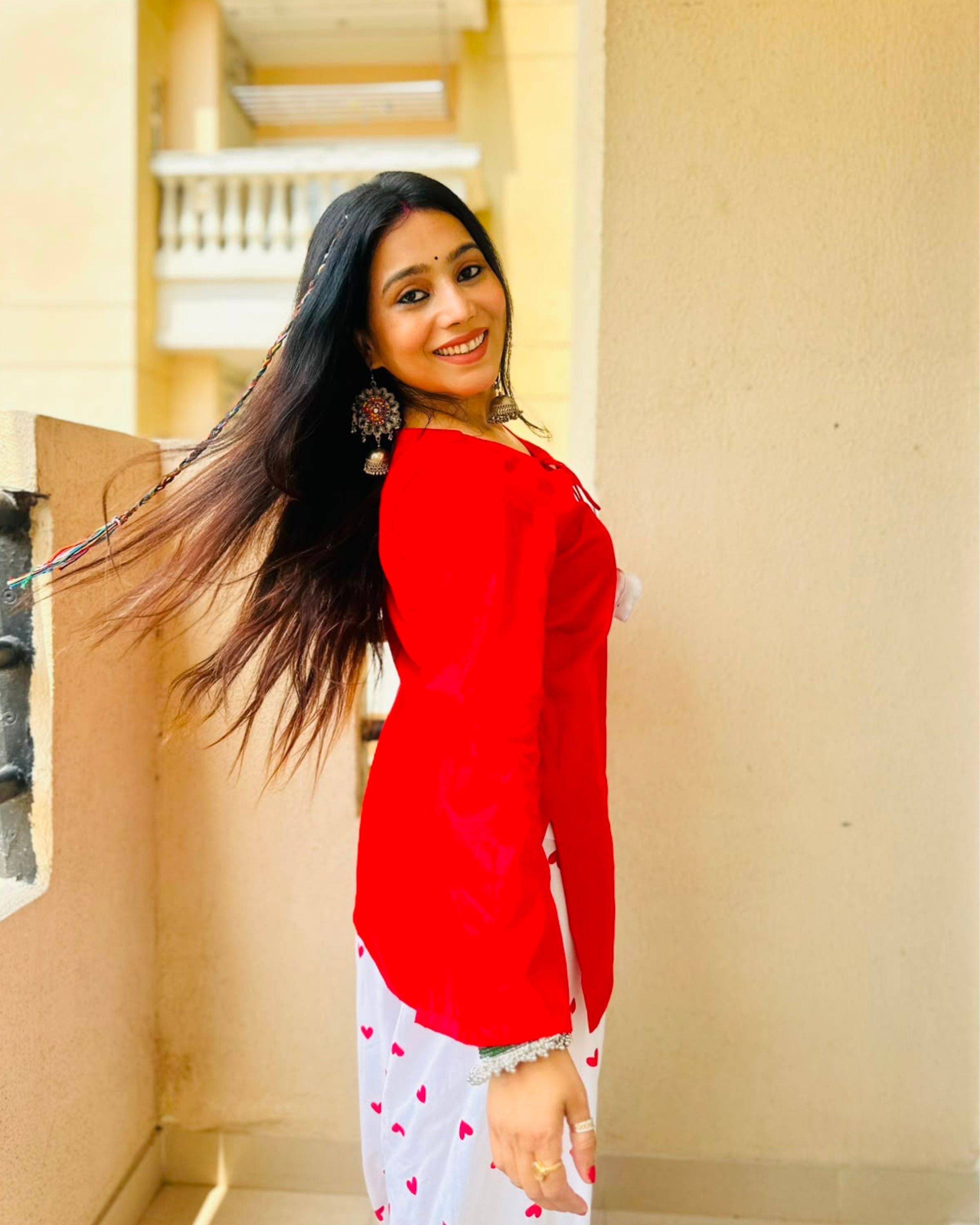 MANJU RED KEYHOLE NECKLINE SHORT KURTI WITH BEAUTIFUL HANDCRAFTED HEART FARSHI SALWAR