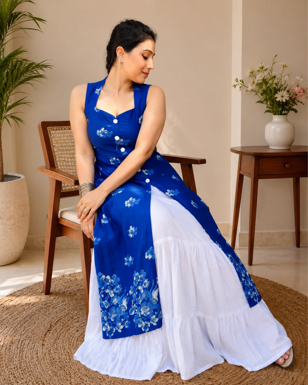 SUMITRA Women's Royal Blue Floral Printed Sleeveless Front Slit Kurti