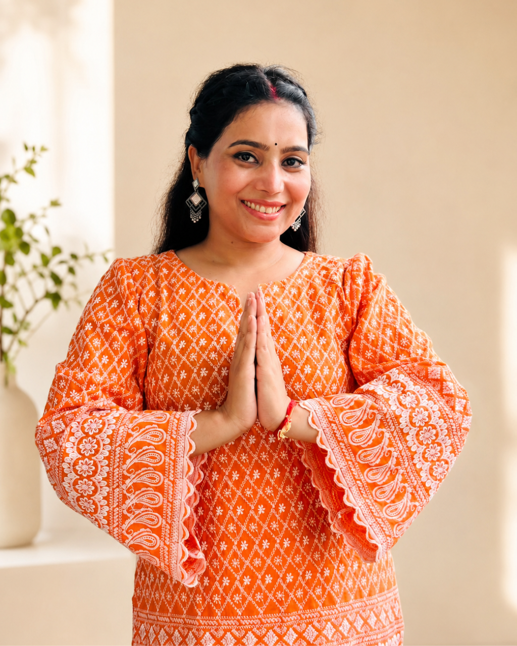 MEENA Orange  Short Kurti With White Farshi Salwar Set