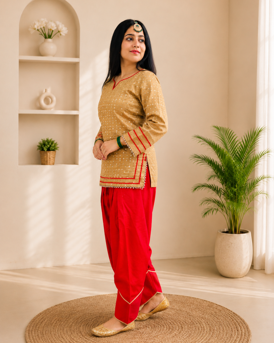SUNDARI Golden Glow Red Farshi salwar Suit Set