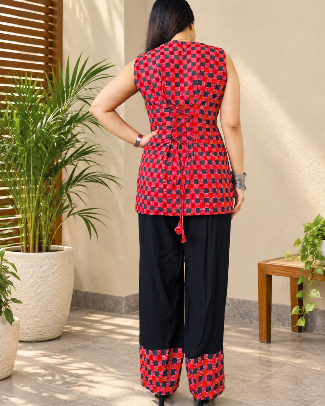 NOOR  Red Black Checkered Corset Back Farshi Salwar Set