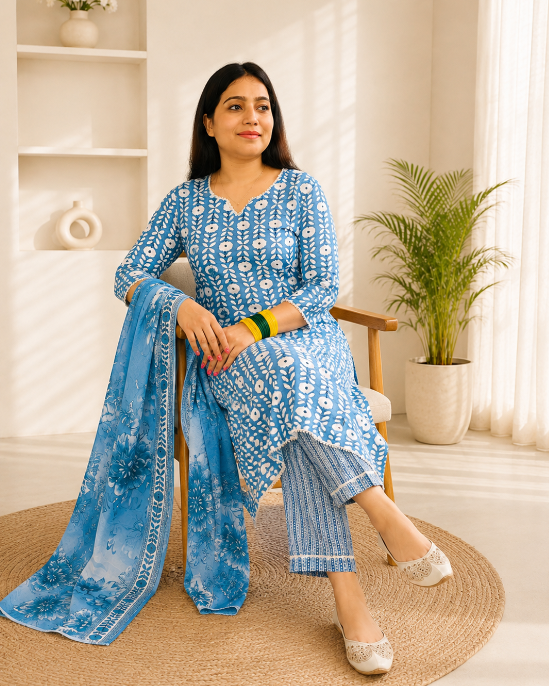 KASHI  Sky Blue Floral Vine Printed Kurta Pant Dupatta Set