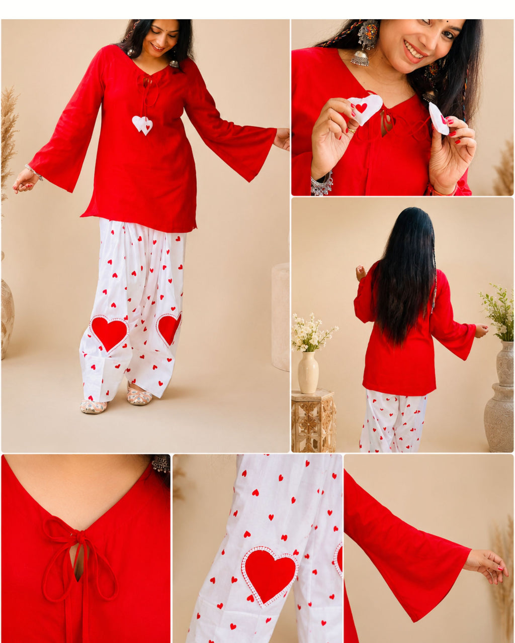 MANJU RED KEYHOLE NECKLINE SHORT KURTI WITH BEAUTIFUL HANDCRAFTED HEART FARSHI SALWAR