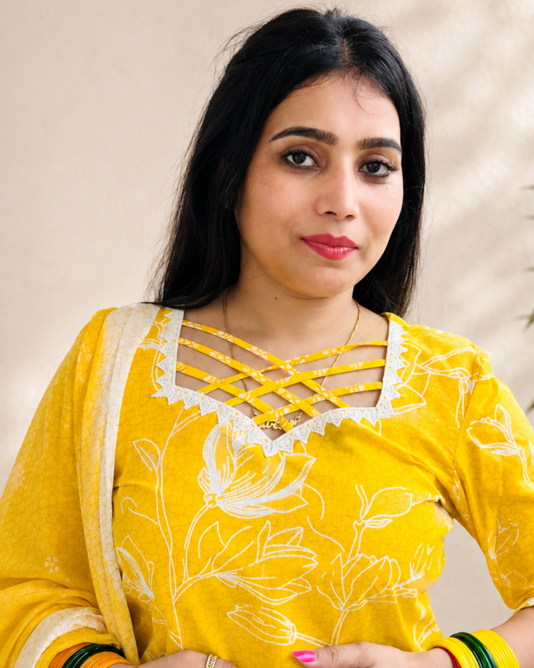 MOTU   Sunshine Bloom Criss-Cross Neck Kurta Pant Dupatta Set