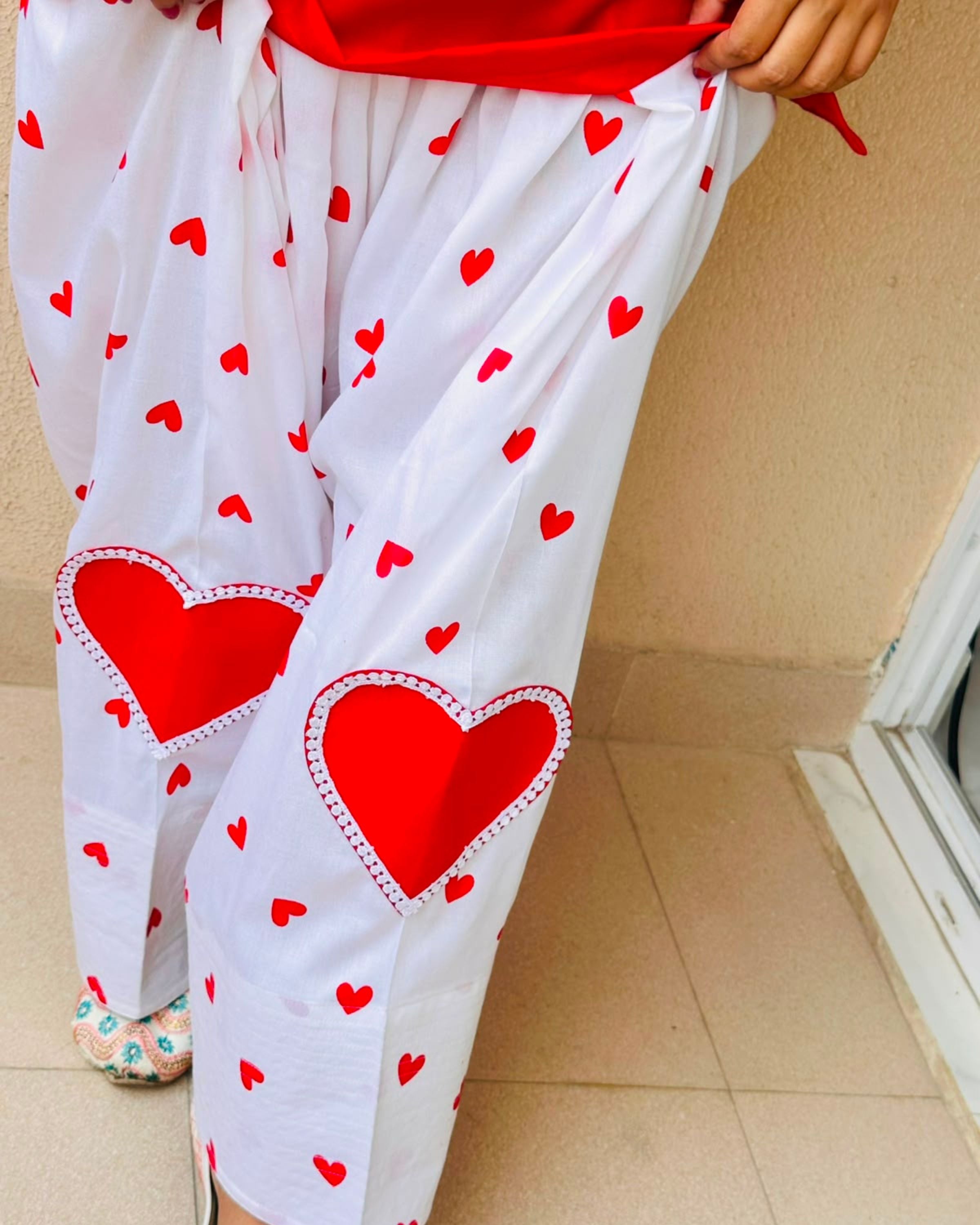 MANJU RED KEYHOLE NECKLINE SHORT KURTI WITH BEAUTIFUL HANDCRAFTED HEART FARSHI SALWAR