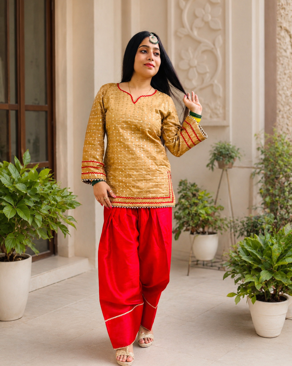 SUNDARI Golden Glow Red Farshi salwar Suit Set