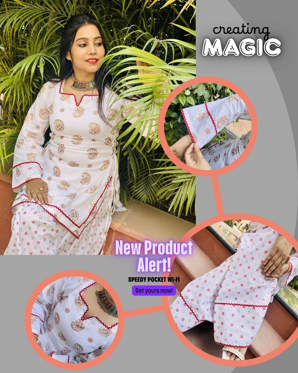 SUMITRA WHITE FARSHI SALWAR, SHORT KURTI WITH BOTH SIDE CORDS