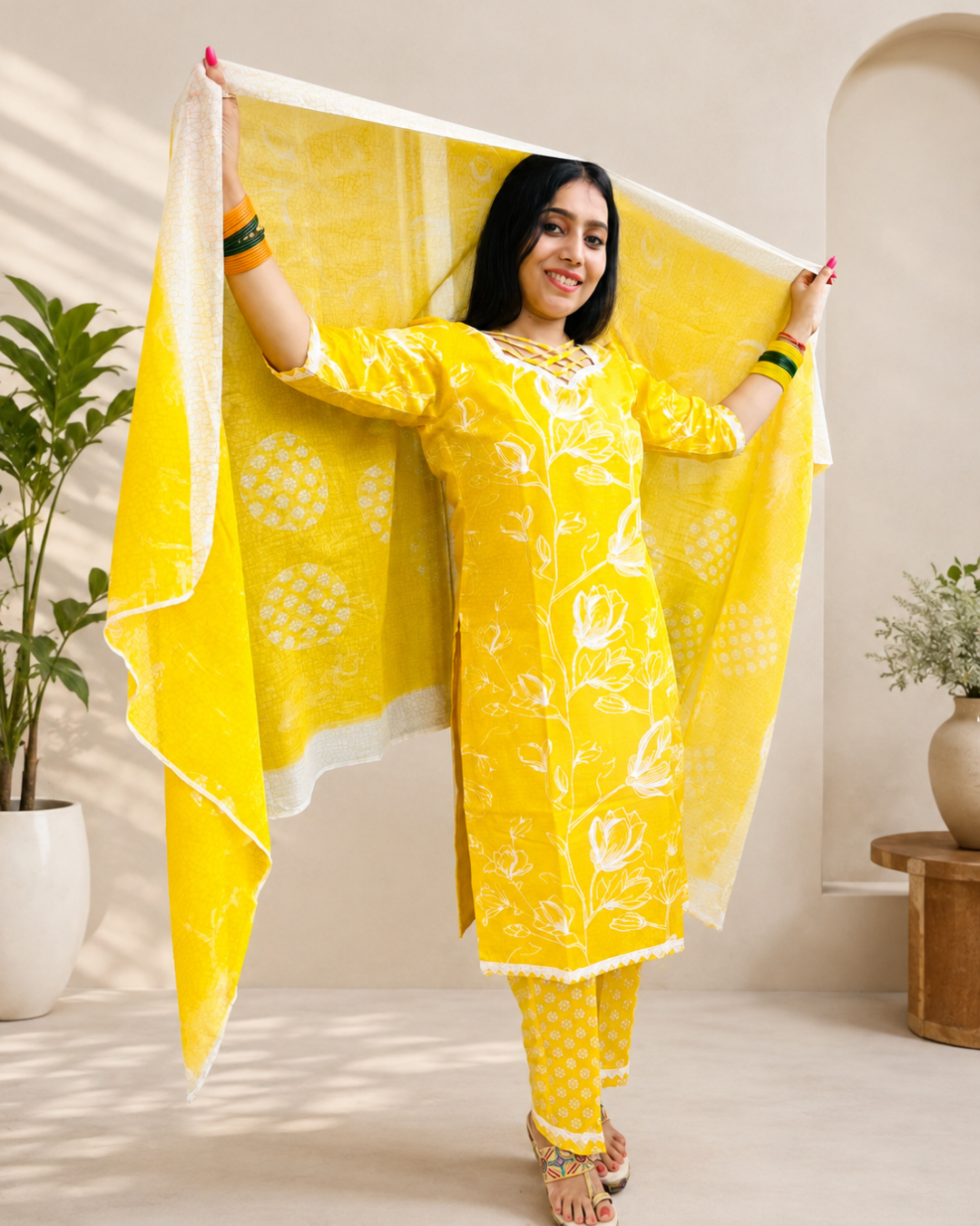 MOTU   Sunshine Bloom Criss-Cross Neck Kurta Pant Dupatta Set