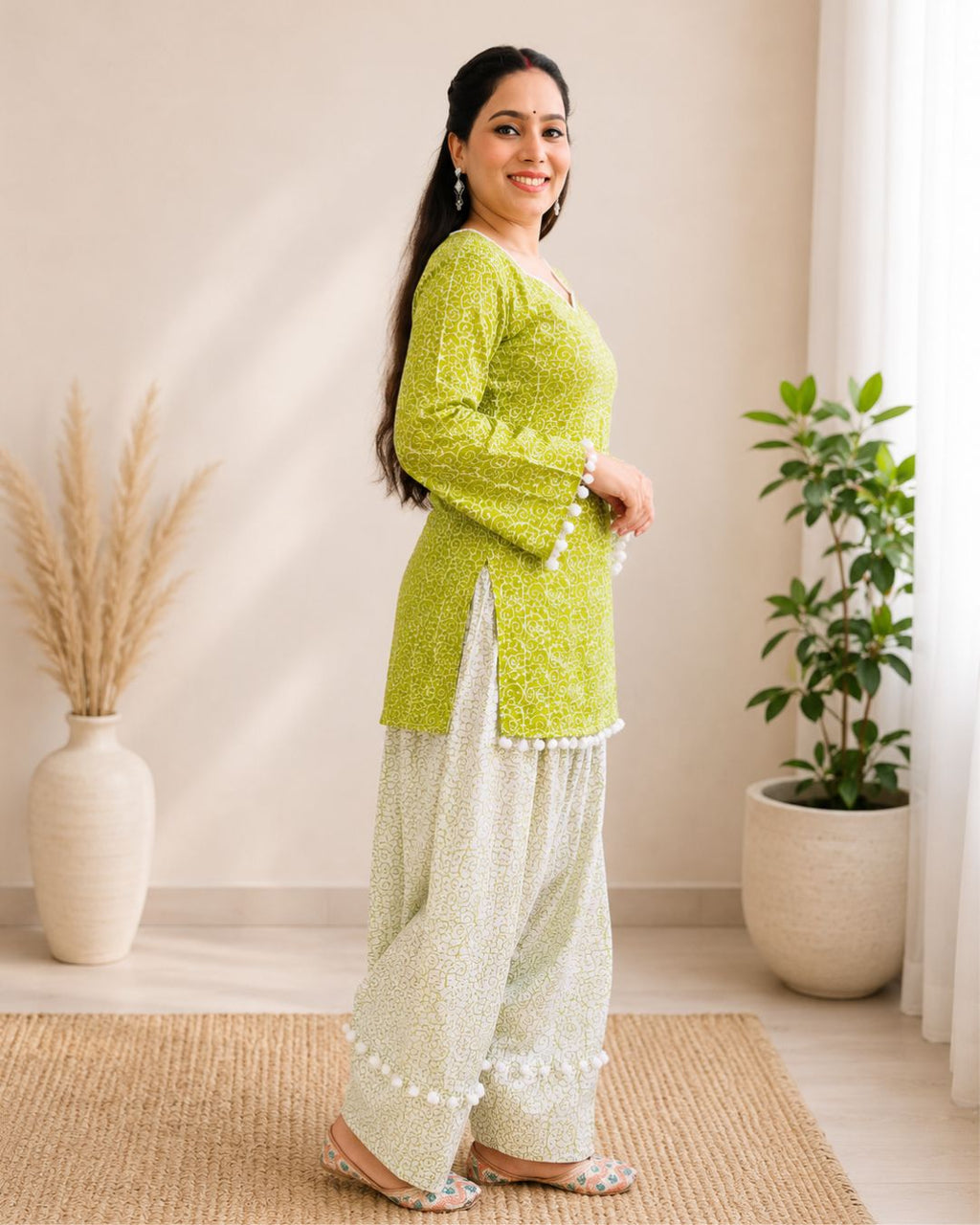 SUMAN Women’s Green Printed Short Kurti Farshi  with Pom-Pom Lace & Back Corset Design