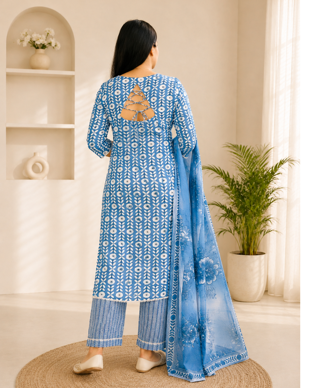 KASHI  Sky Blue Floral Vine Printed Kurta Pant Dupatta Set
