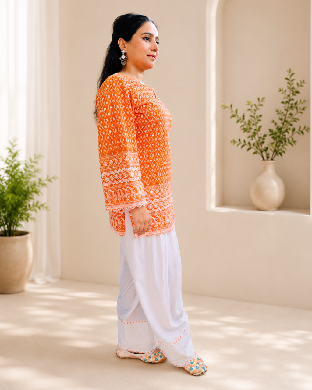 MEENA Orange  Short Kurti With White Farshi Salwar Set