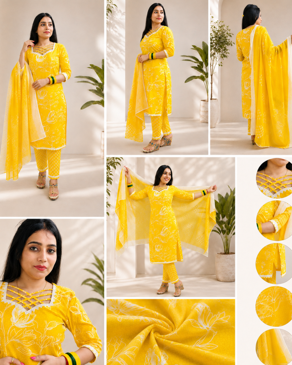 MOTU   Sunshine Bloom Criss-Cross Neck Kurta Pant Dupatta Set