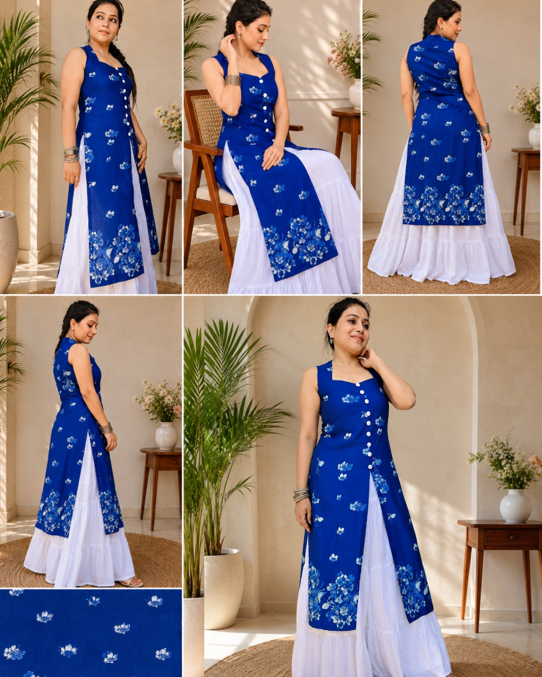 SUMITRA Women's Royal Blue Floral Printed Sleeveless Front Slit Kurti
