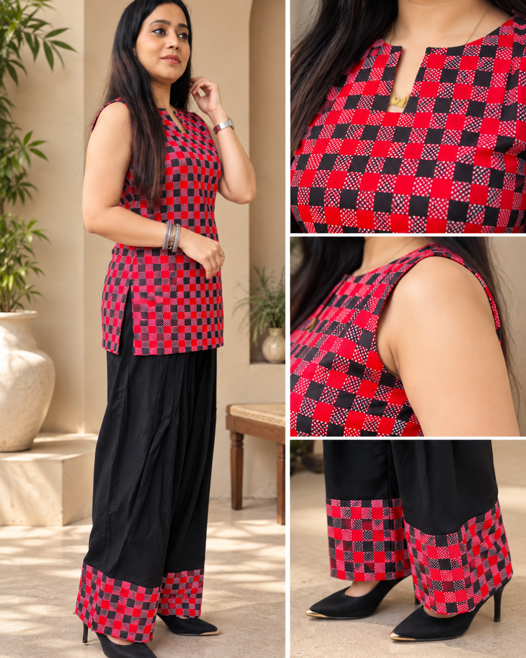 NOOR  Red Black Checkered Corset Back Farshi Salwar Set
