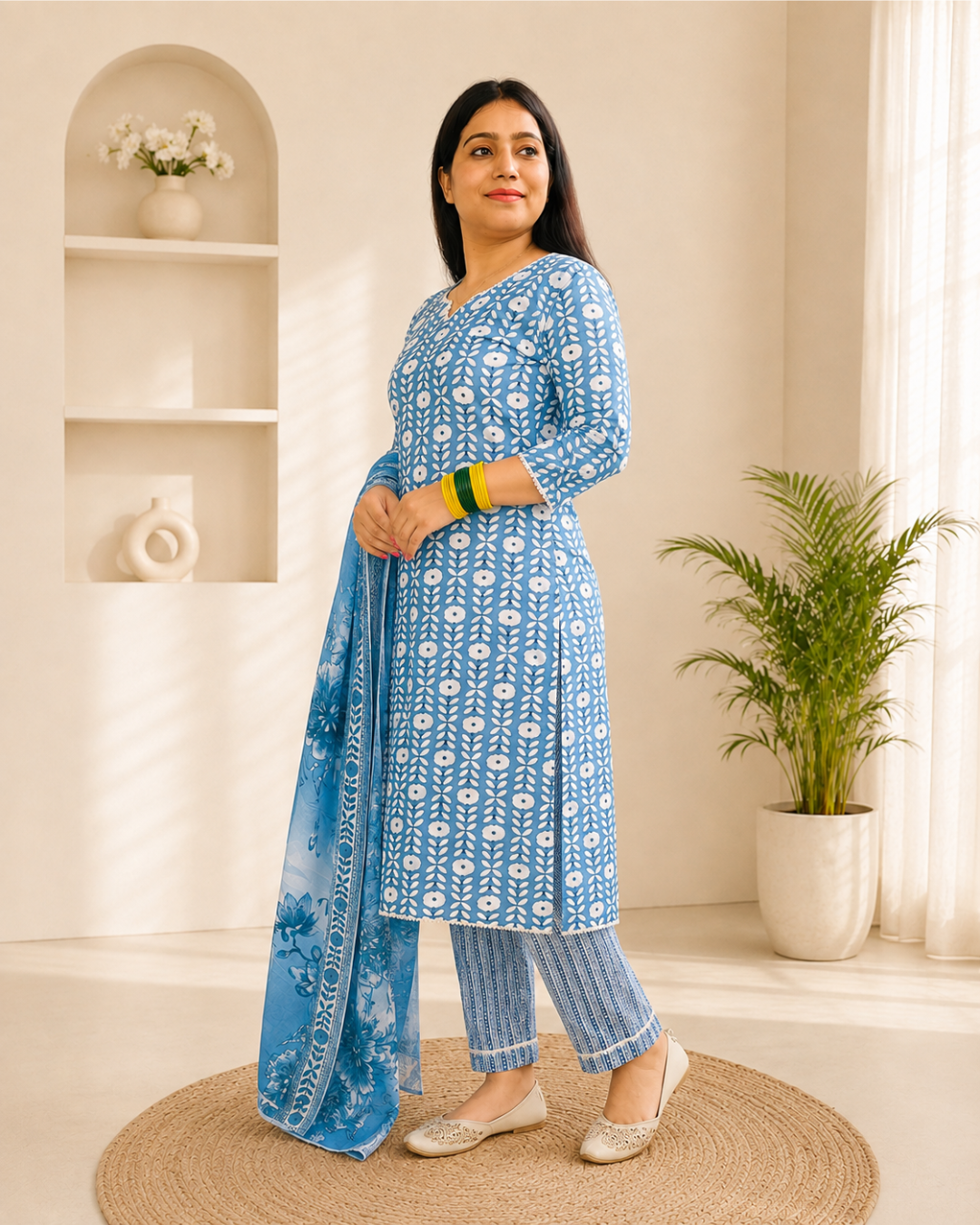 KASHI  Sky Blue Floral Vine Printed Kurta Pant Dupatta Set