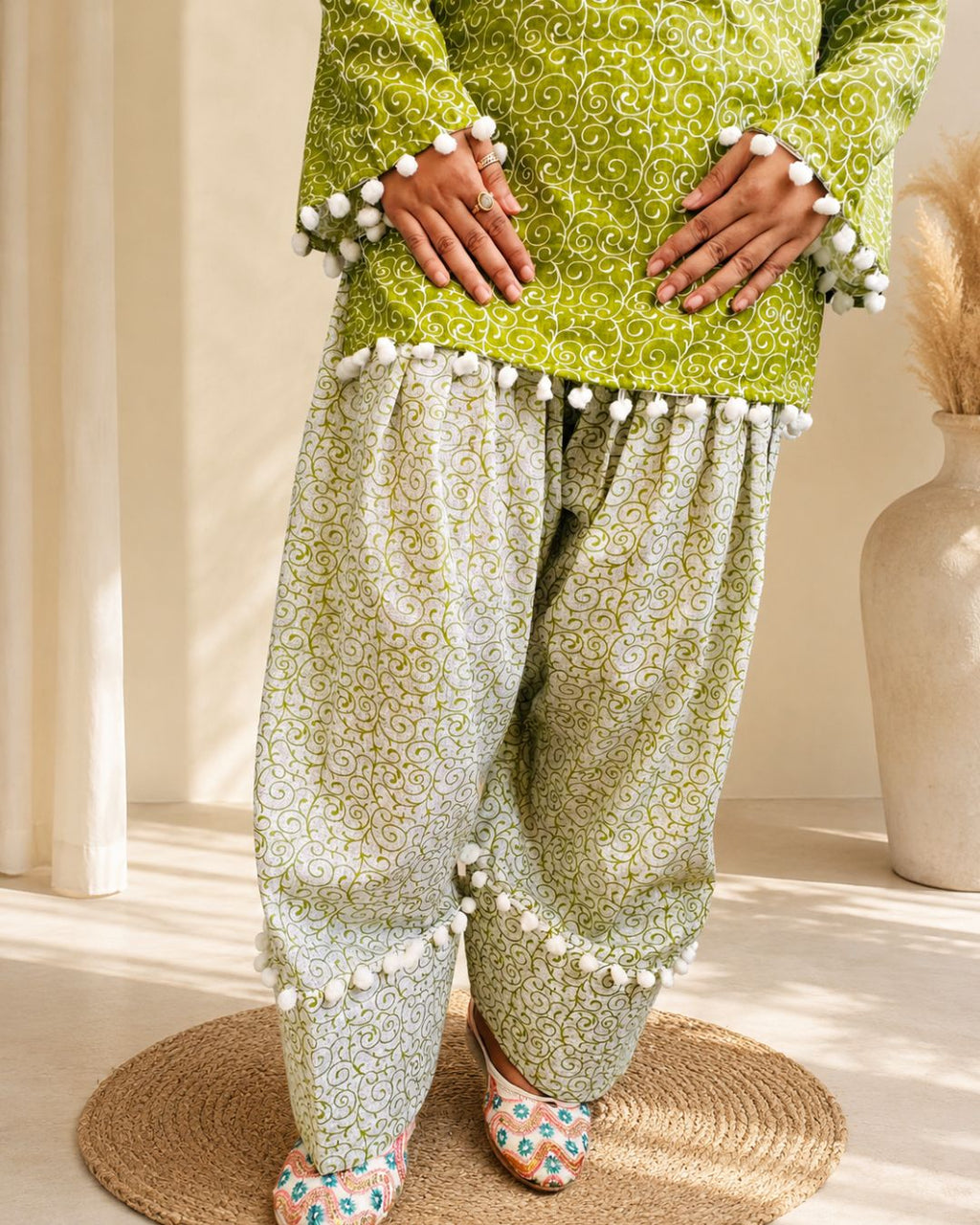 SUMAN Women’s Green Printed Short Kurti Farshi  with Pom-Pom Lace & Back Corset Design